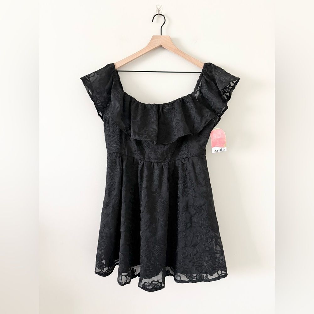 NWT Arula Floral Lace Off the Shoulder Mini Dress in Black Size 1X